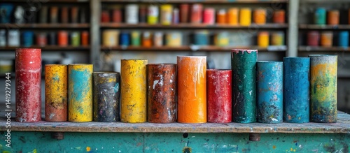 Colorful paint cans on workshop table, paint storage in background