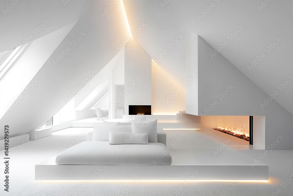 Obraz premium Modern minimalist interior design featuring a sleek white room with angles and light