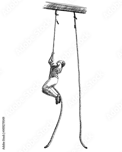 Vector sketch of a woman climbing a rope in gym or training environment. Hand-drawn black and white illustration showing strength and endurance
