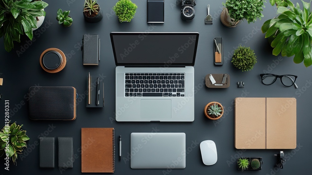 Modern Workspace Arrangement with Laptop and Green Plants Modern Workspace Arrangement with Laptop and Green Plants