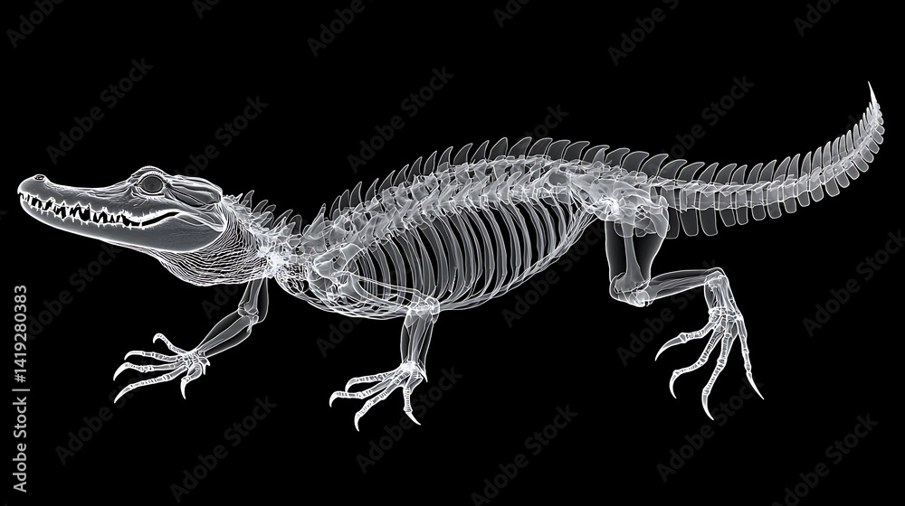 A detailed skeletal illustration of a crocodile, showcasing its intricate bone structure against a black background. A detailed skeletal illustration of a crocodile, showcasing its intricate bone structure against a black background.