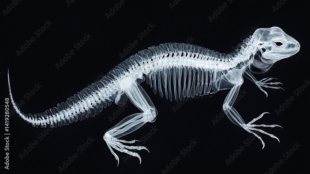 Naklejka premium A detailed x-ray image of a lizard, showcasing its skeletal structure against a black background.