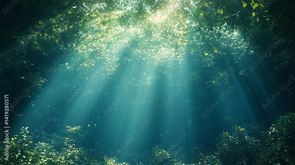 Fototapeta premium Sunbeams through forest canopy in tranquil woodland – 고요한 숲 속 나뭇잎 사이로 비치는 햇살