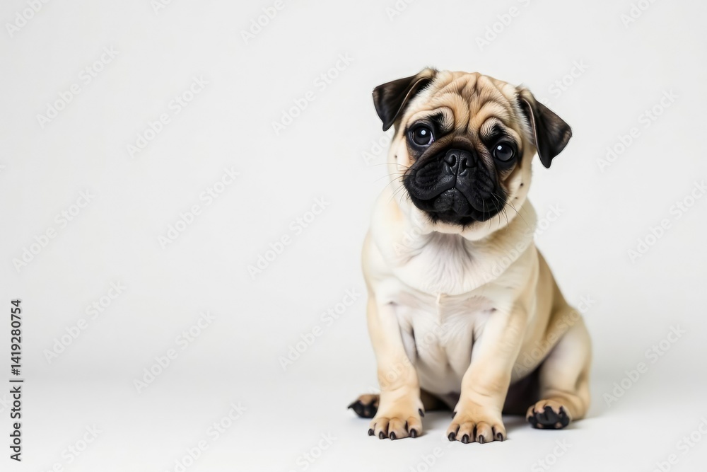 Obraz premium Adorable pug dog sits alone against white backdrop , expression, compact