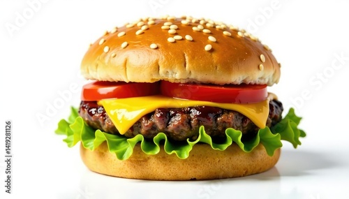 Wallpaper Mural Burger isolated on white backdrop; sesame seeds visible , ketchup, pickle, background Torontodigital.ca