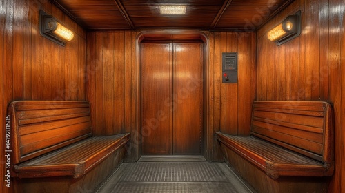 Elegant wooden passenger elevator interior with benches and lighting