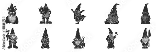 Gnome Characters With Tools And Accessories Silhouette Set. Whimsical Garden Decor And Fantasy Theme Isolated Vector Illustration Collection