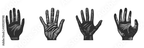 Hand Palm Silhouettes Set. Vintage Style Illustrations Of Open Hands For Palmistry And Design. Isolated Vector Illustration Collection