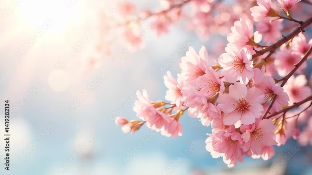 Blooming Pink Flowers Against Blue Sky Spring Season Blooming Pink Flowers Against Blue Sky Spring Season