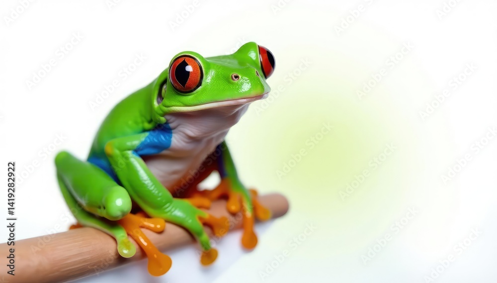 Naklejka premium Green tree frog perched on white, vibrant skin, photography, skin texture
