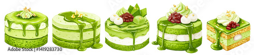 金箔の乗った抹茶のホールケーキやショートケーキの水彩風イラストセット 小豆と白玉とわらび餅など和風なホイップ生クリームのスイーツ