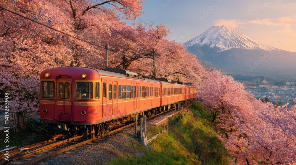 Fototapeta premium Cherry blossom with Red train in spring in Japan or Korea is the popular view spot,Illustration of Japanese spring,Panorama travel,tour advertising of world famous landmarks of Japan,autumn season.