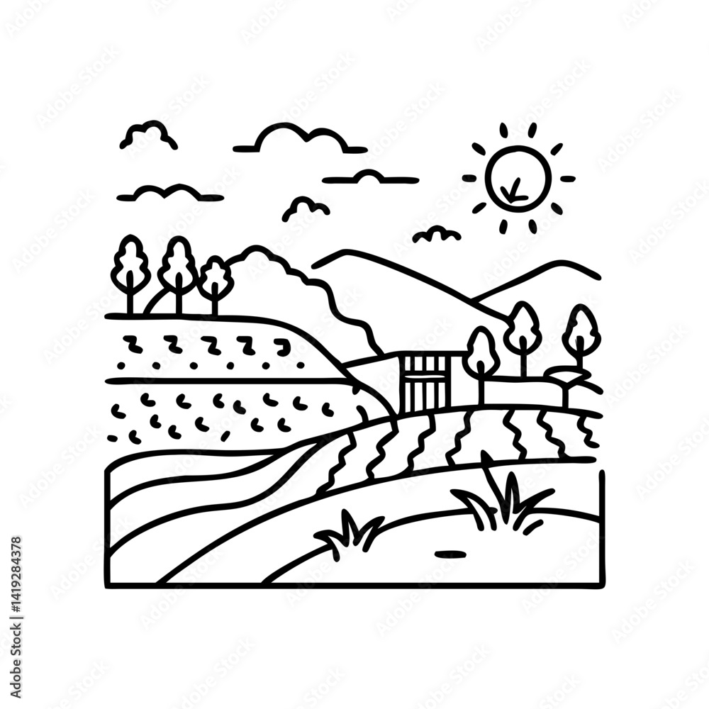 Fototapeta premium wine country landscape icon, wine country landscape line art - simple line art of wine country landscape, perfect for wine country landscape logos and icons