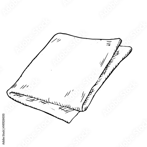 Folded linen napkin, black and white ink sketch. Vector illustration. Kitchen towel, insulated on a white background. It is drawn in a simple style. For food, cuisine, catering, and cleaning.
