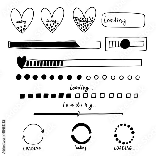 Load bar icon set. Hand drawn loading ui bar. Sketch vector illustration