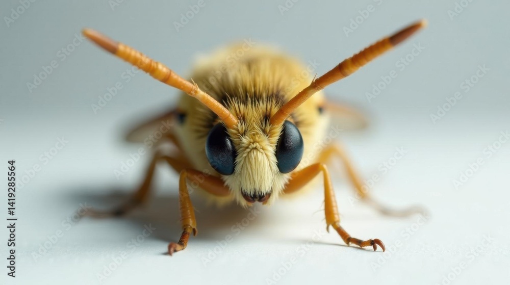 Obraz premium Close-up view of a small insect with fuzzy body and large eyes, detailed texture and vibrant color