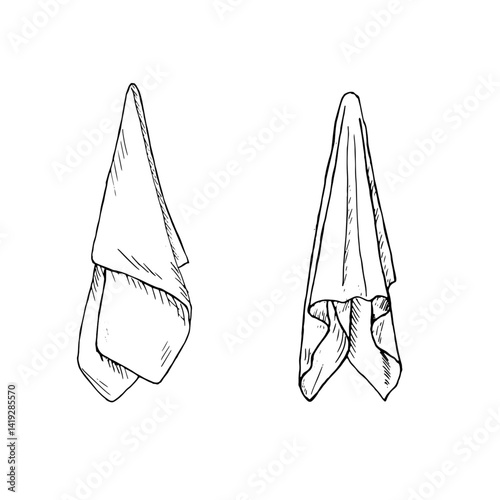 Hanging kitchen towels, black and white ink sketch. Vector illustration. A set of linen and cotton napkins, isolated on a white background. On the theme of food, cooking, catering and cleaning