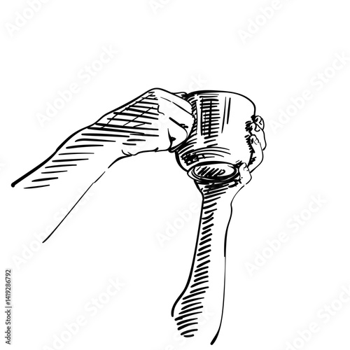 Vector sketch of hands holding a cup. Hand-drawn illustration with hatching shades, cozy moment with tea or coffee. Black and white drawing