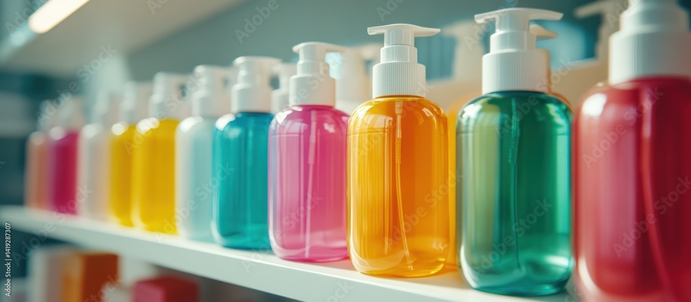 Colorful Pump Bottles on Shelf Colorful Pump Bottles on Shelf