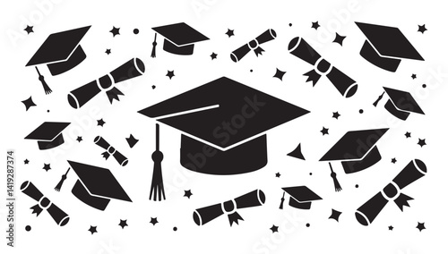 Modern Graduation Illustration Vector Bundle for Crafting, Invitations, and Marketing Featuring Cap, Diploma, book, and Decorative Accents