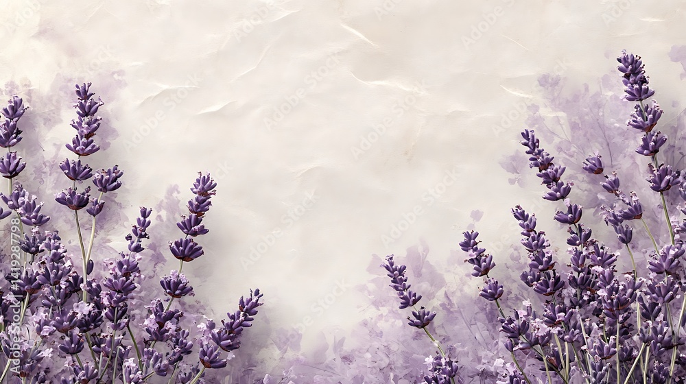Minimalist vertical design bordered with faded lavender sprigs on all sides, pale parchment paper background, soft violet tones, clean inner spacing. Created Using: fine lavender illustration,