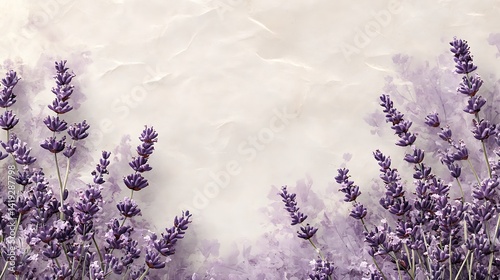 Obraz na płótnie Minimalist vertical design bordered with faded lavender sprigs on all sides, pale parchment paper background, soft violet tones, clean inner spacing. Created Using: fine lavender illustration, w salonie