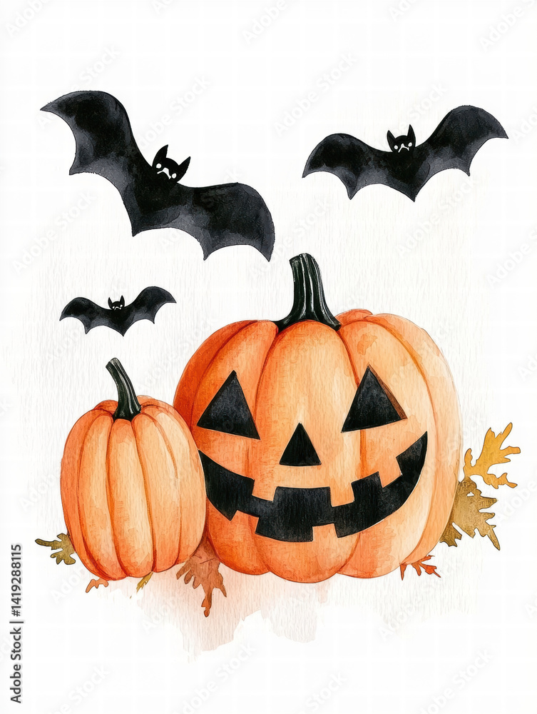 Naklejka premium Watercolor Halloween pumpkins with bats and autumn leaves create festive atmosphere for spooky season