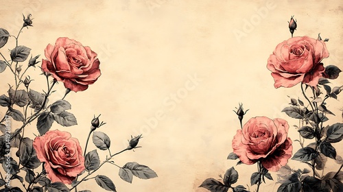 Minimalist vintage vertical layout bordered by hand-drawn roses in dusty pink ink, set on weathered parchment background. Faint shadows for depth. Created Using: ink sketch technique,