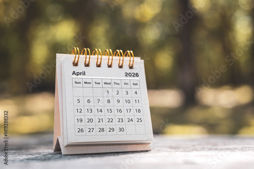 Calendar page April of the year 2026 on a natural background, with copy space and business design. Concept of monthly planning, important schedules, meetings, and appointments.