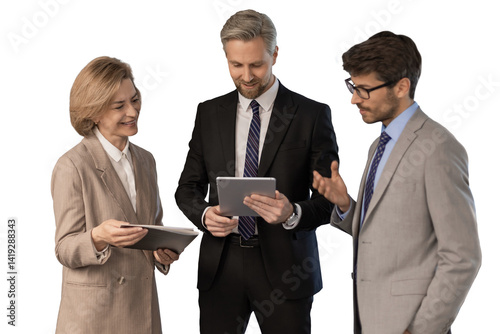 Three business people discussing work together using a tablet on a transparent background