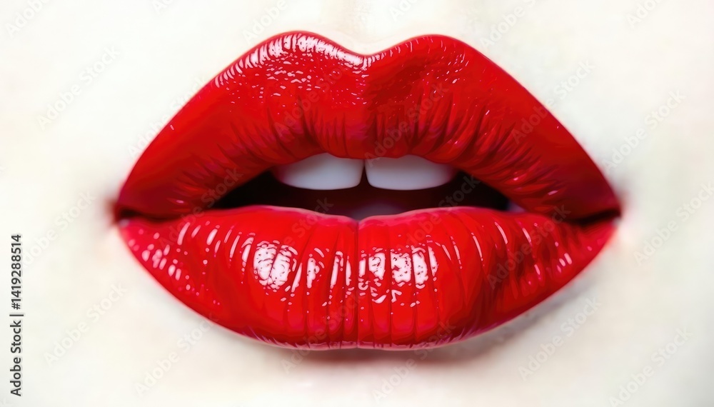 Obraz premium Close-up vibrant red lipstick smear, pristine white backdrop, bold, paint, close-up