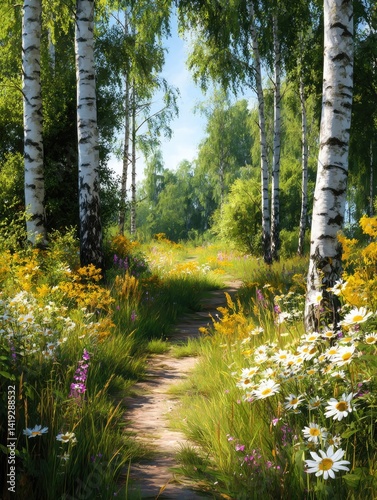 A serene forest path with lush wildflowers, a vibrant green field, and towering birch trees
