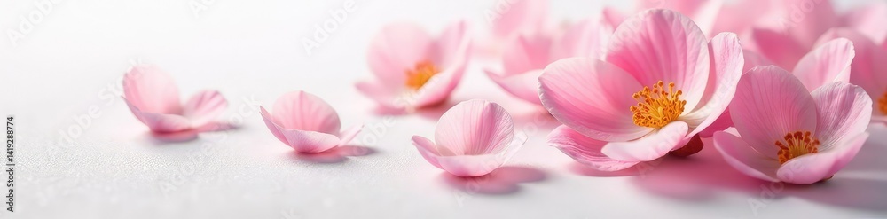 Delicate petals unfolding on a pristine white surface, delicate, botanical Delicate petals unfolding on a pristine white surface, delicate, botanical