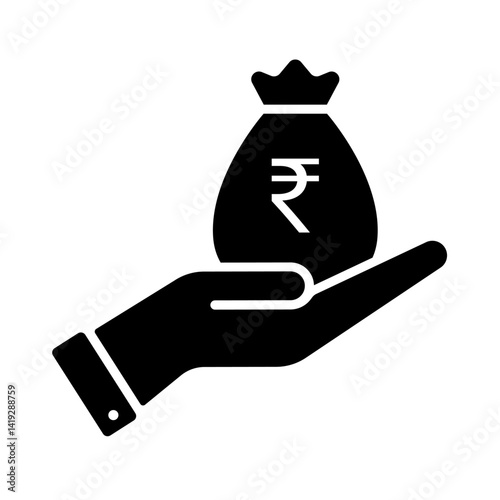 Hand holding money bag with rupee symbol icon black silhouette