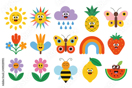 A cheerful collection of cute, flat illustrations featuring the sun, cloud, rainbow, pineapple, strawberry, watermelon, lemon, bee, butterflies, and flowers with happy faces.