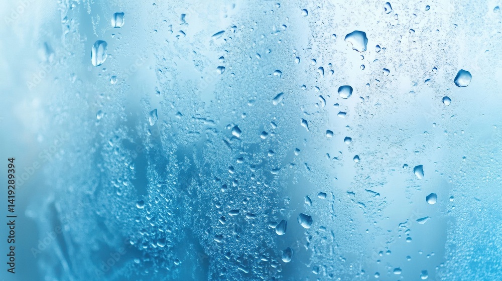 Close-up view of condensation droplets on a frosted window. Close-up view of condensation droplets on a frosted window.
