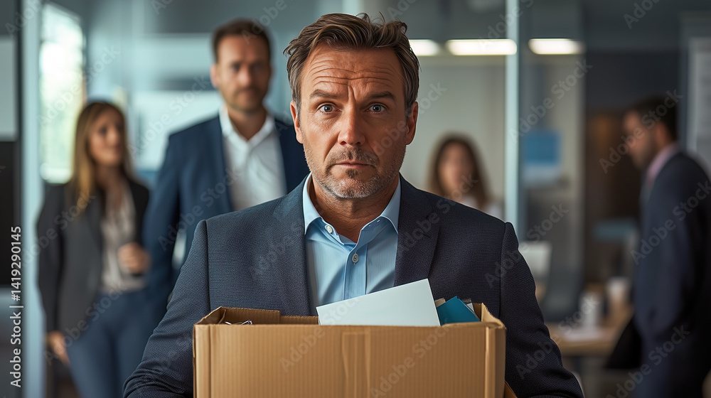 A business executive in shock with a box of personal items walks out of his office, flanked by colleagues, reflecting the emotional impact of being let go from a high-level job.