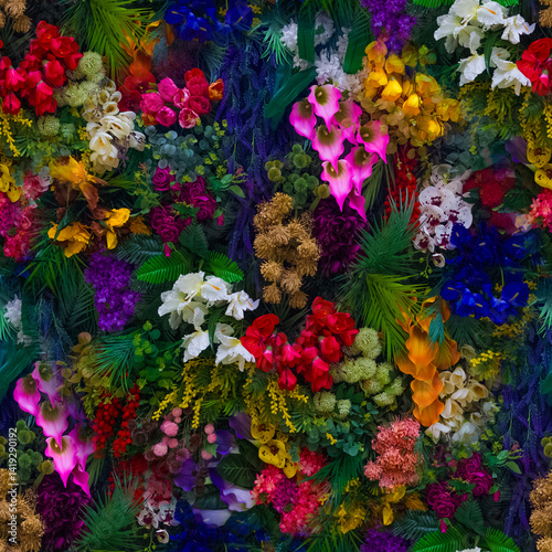 Bright floral background with beautiful, colorful flowers. A beautiful wall of bright, colorful flowers. Seamless image.