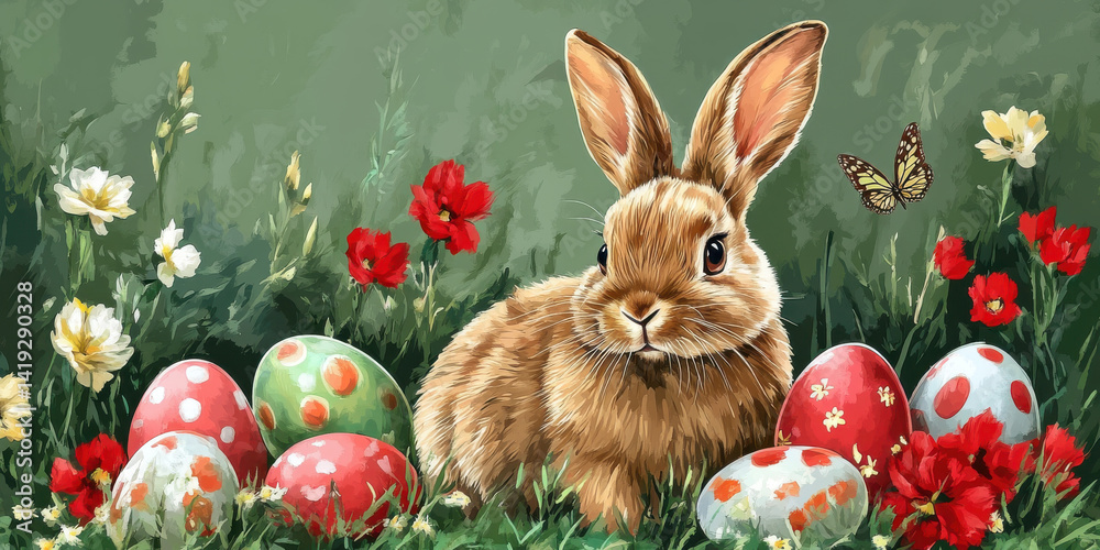 cute rabbit sits among colorful Easter eggs and vibrant flowers, creating cheerful and festive atmosphere. scene captures essence of spring and celebration