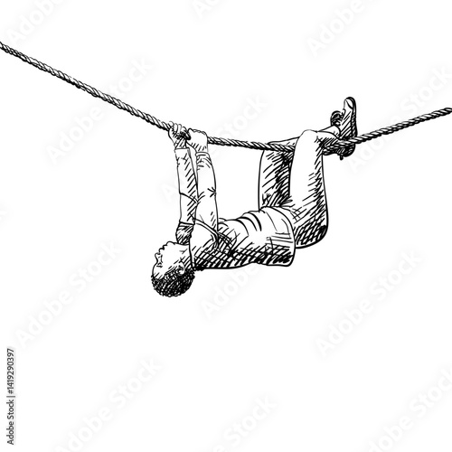 Hand-drawn vector of black African-American woman hanging on rope, sporty and strong pose, obstacle training, dynamic black and white ink sketch