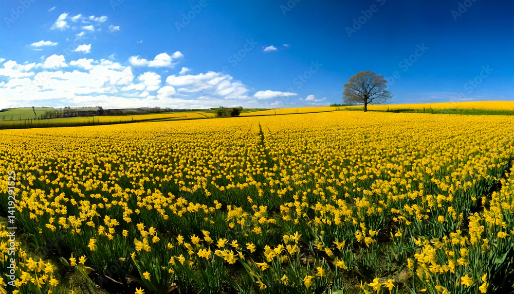 Vibrant Yellow Daffodil Field Under a Sunny Spring Sky Vibrant Yellow Daffodil Field Under a Sunny Spring Sky