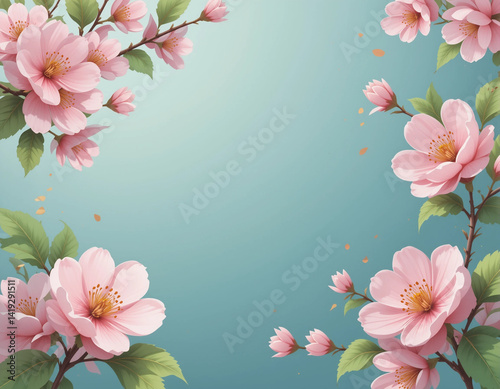 A blue background with pink flowers in the foreground