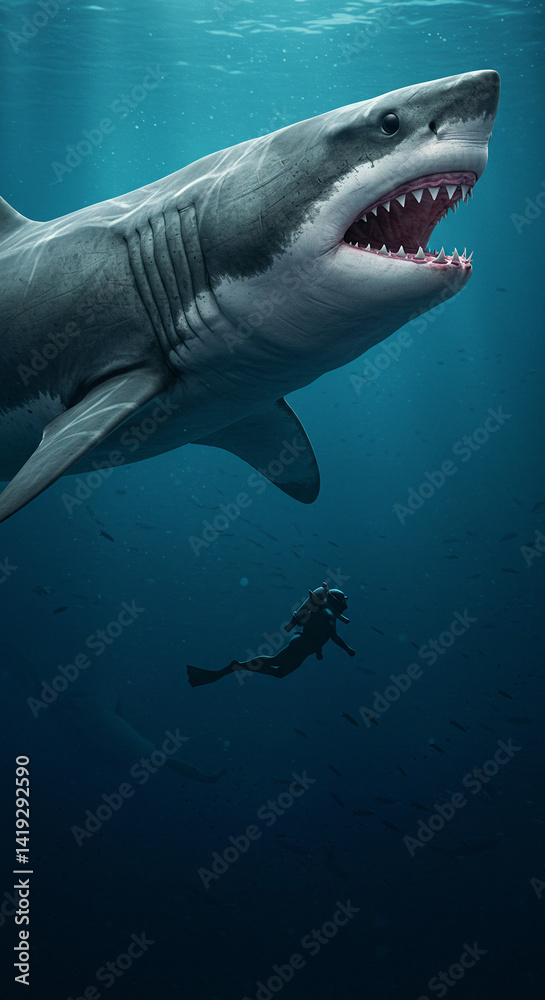 Naklejka premium Great White Shark Approaching Diver Underwater Ocean Scene