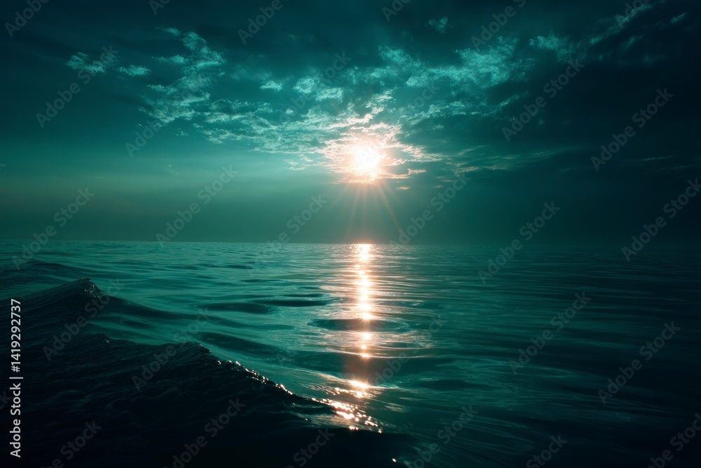 Obraz premium Ocean at Sunset with Dramatic Sky and Sunbeams Reflecting on Water