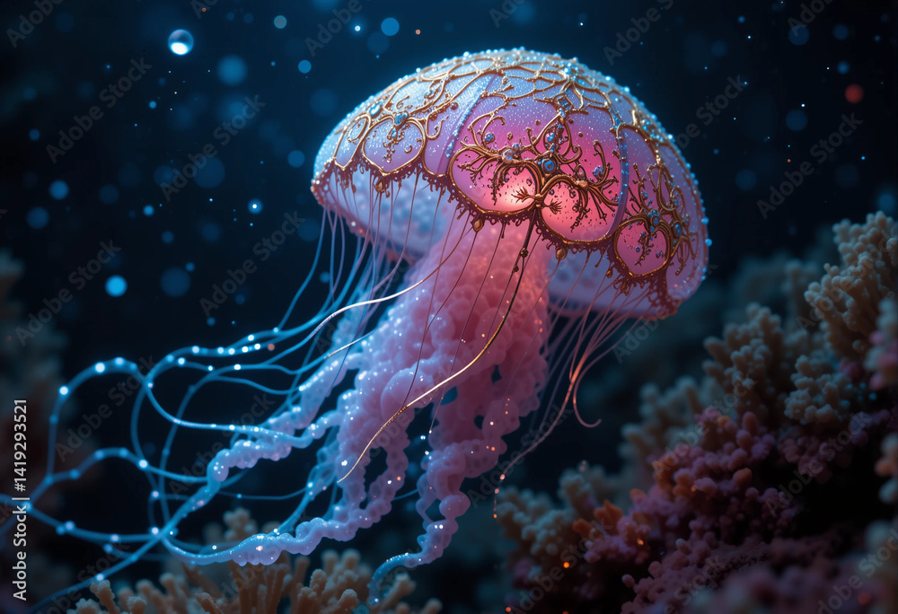Fototapeta premium A jellyfish with a pink body and blue tentacles is floating in the ocean