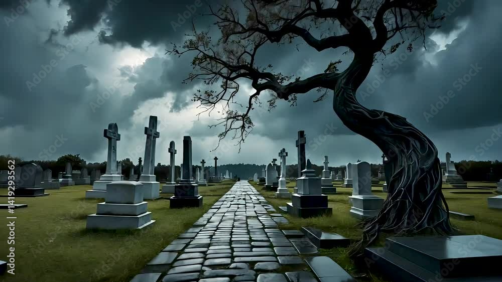 Dramatic storm clouds over empty cemetery path with twisted bare trees