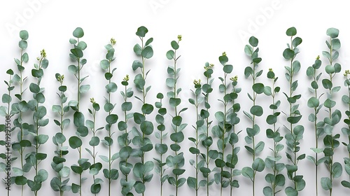 Obraz na płótnie Vertical layout framed by single eucalyptus stems spaced evenly on each side, white background, modern and minimal feel. Slight shadow behind each leaf. Created Using: flat lay photography simulation, w salonie