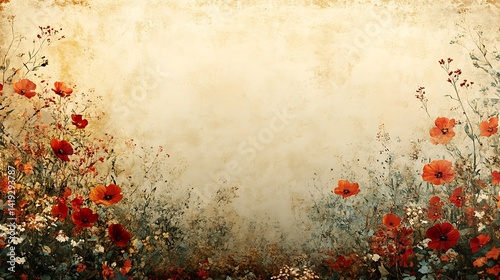 Obraz na płótnie Vertical layout surrounded by abstract wildflower brushstrokes in earth tones, painterly style with organic flow. Textured parchment background, sun-faded edges. w salonie