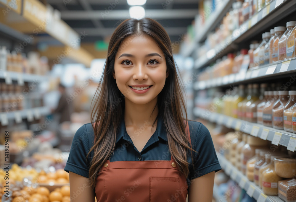 A woman wearing a red apron stands in a grocery store with a smile on her face A woman wearing a red apron stands in a grocery store with a smile on her face