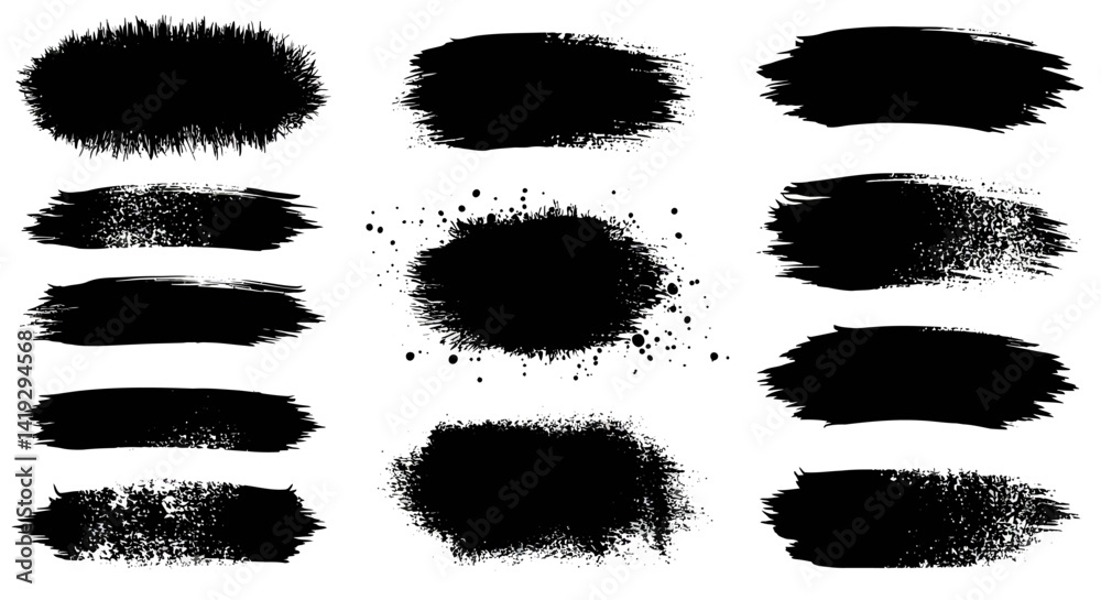 Ink brushstroke and paintbrush template with splashes grunge. Vector set black ink brush stroke. Dirty artistic design elements. Grunge splatter, dirt stain. Vector ink box